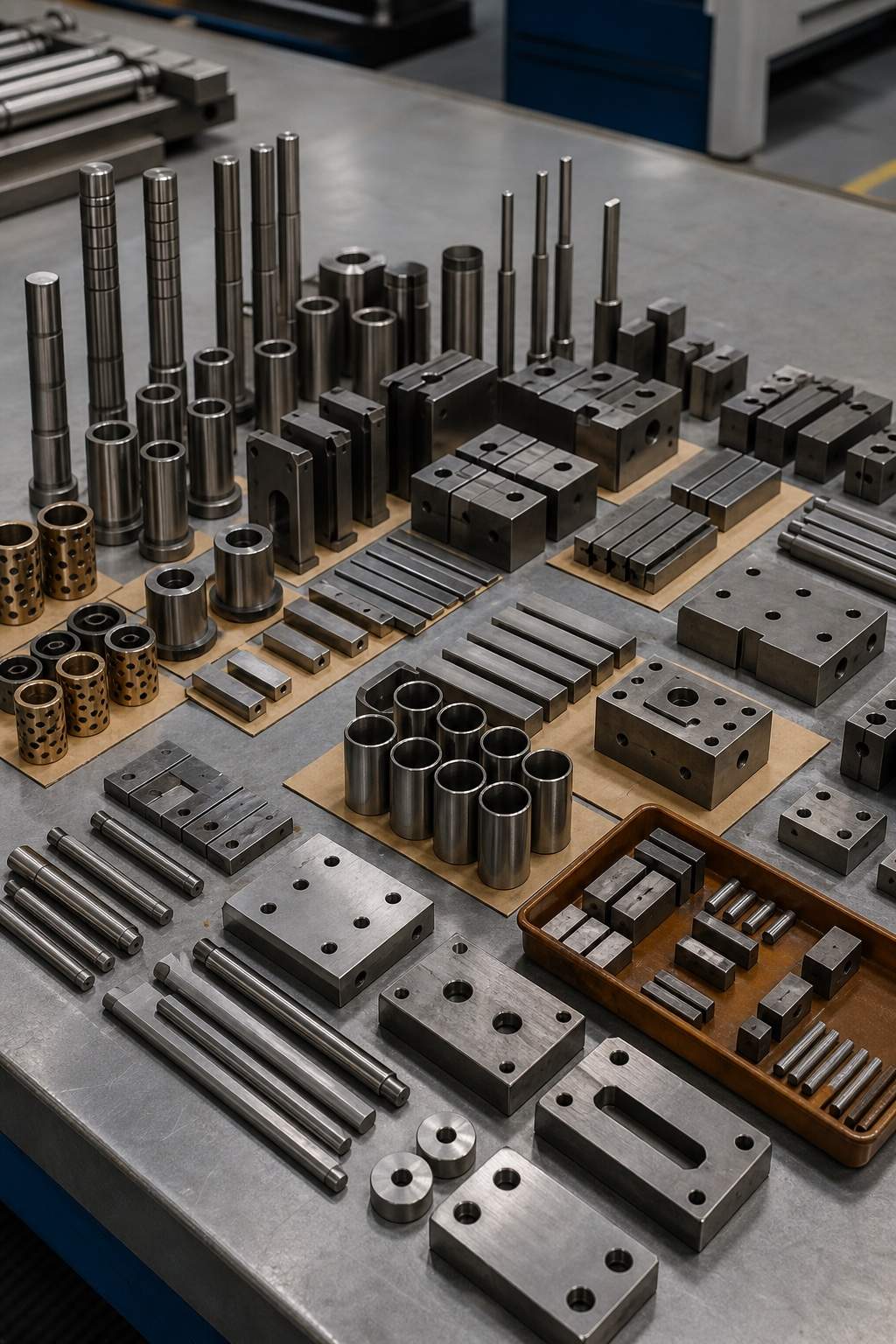 Finished tool-steel mold components organized for inspection