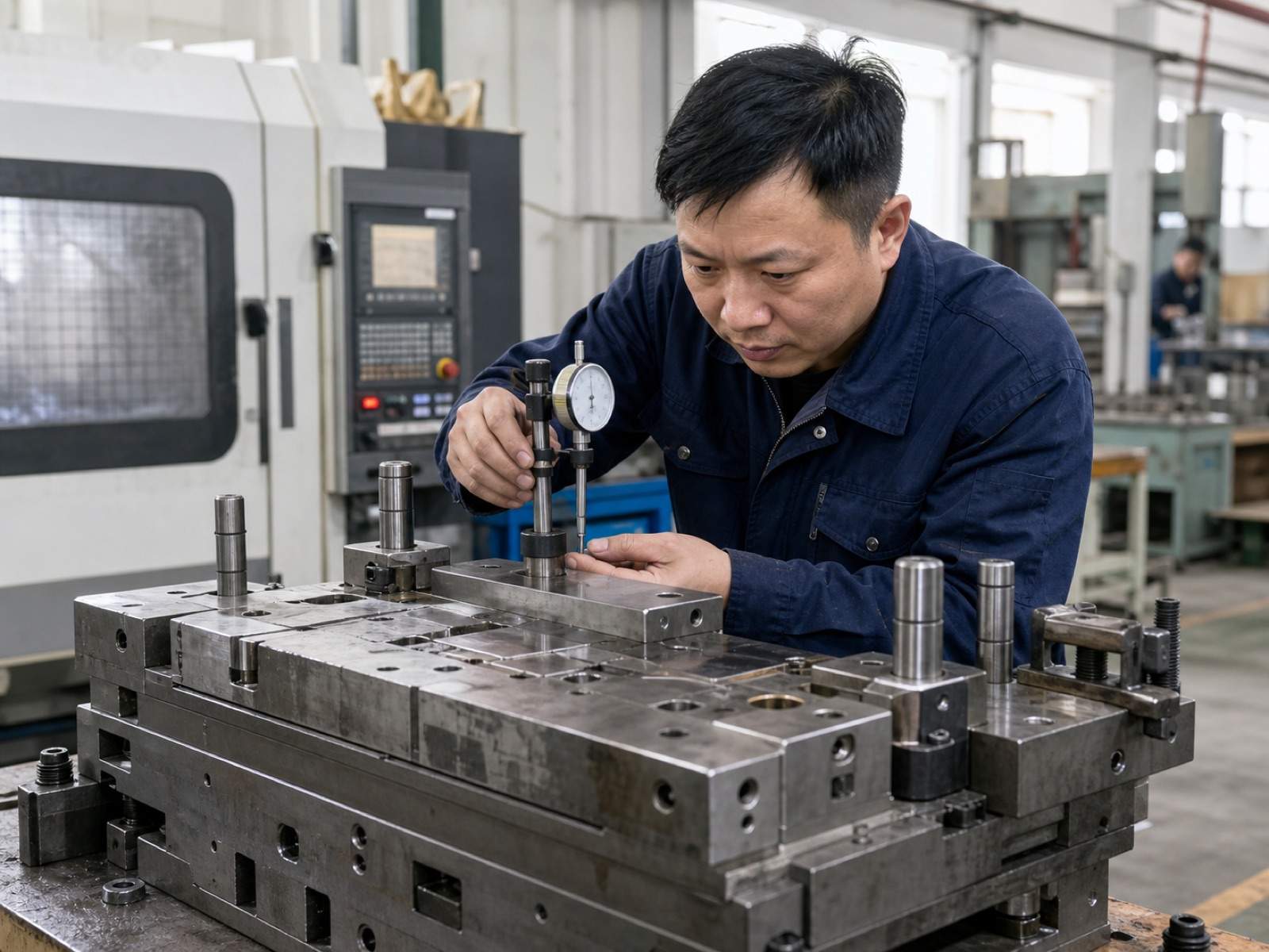 Chinese technician inspecting a precision mold component